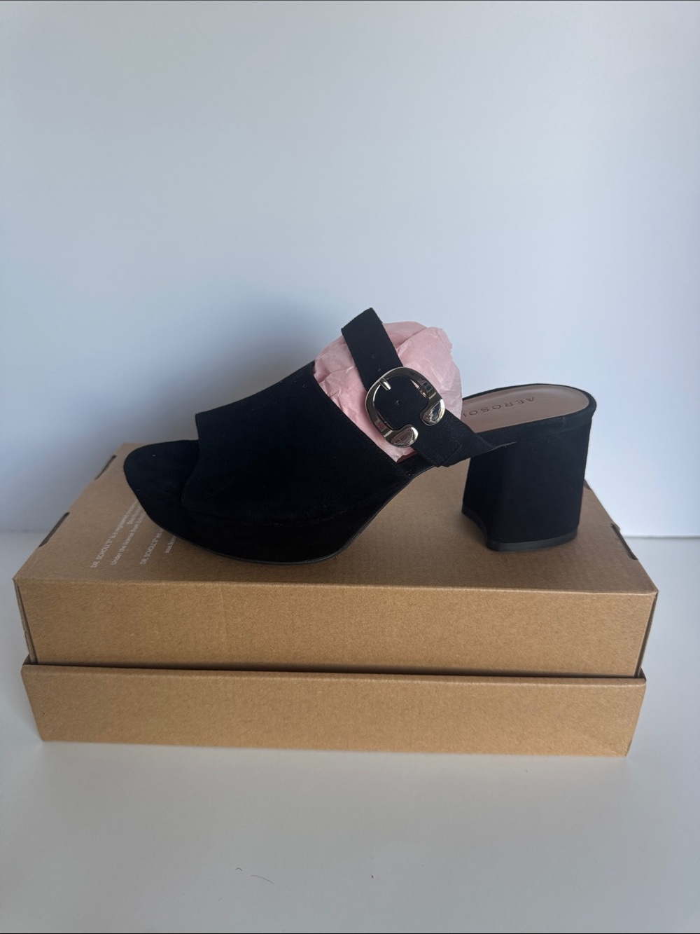 Aerosoles Black Suede Block Heel Mule Sandals Silver Buckle NWOT Size 6